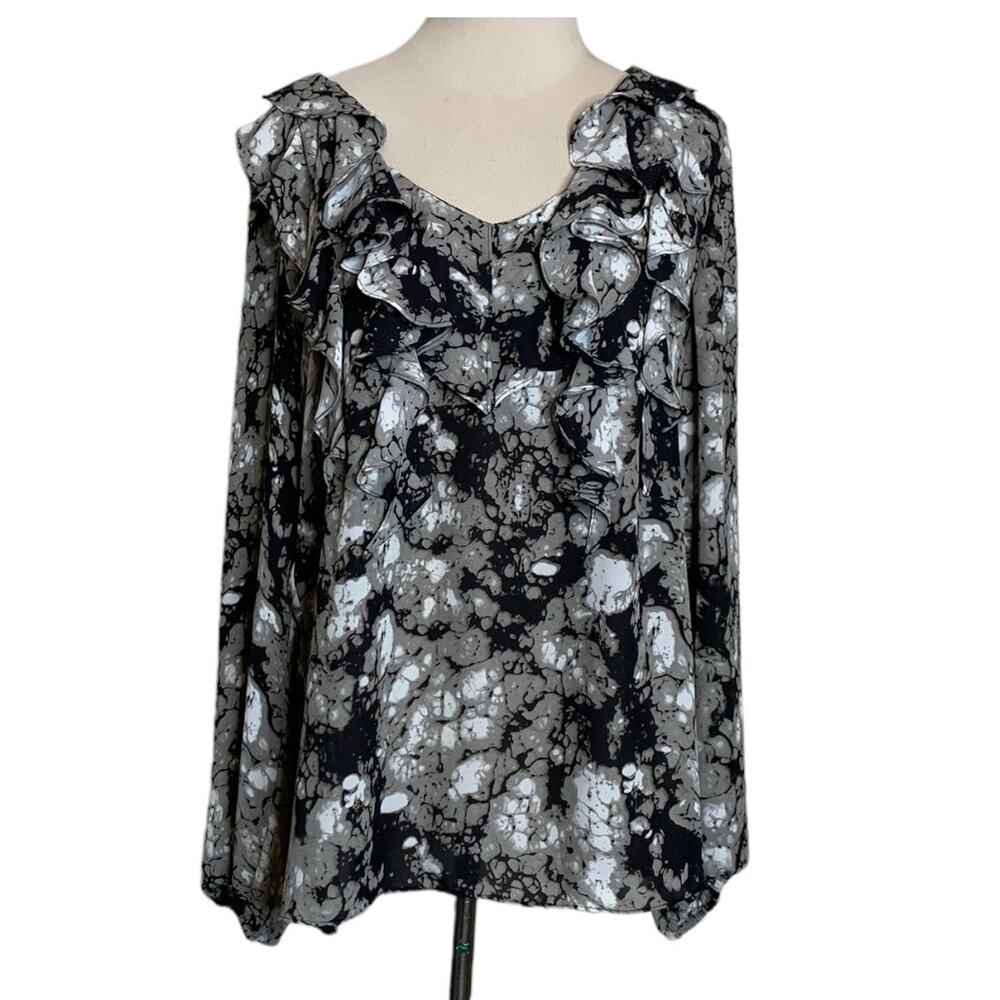 Anne Klein black abstract print ruffled neck long sleeves blouse size Large